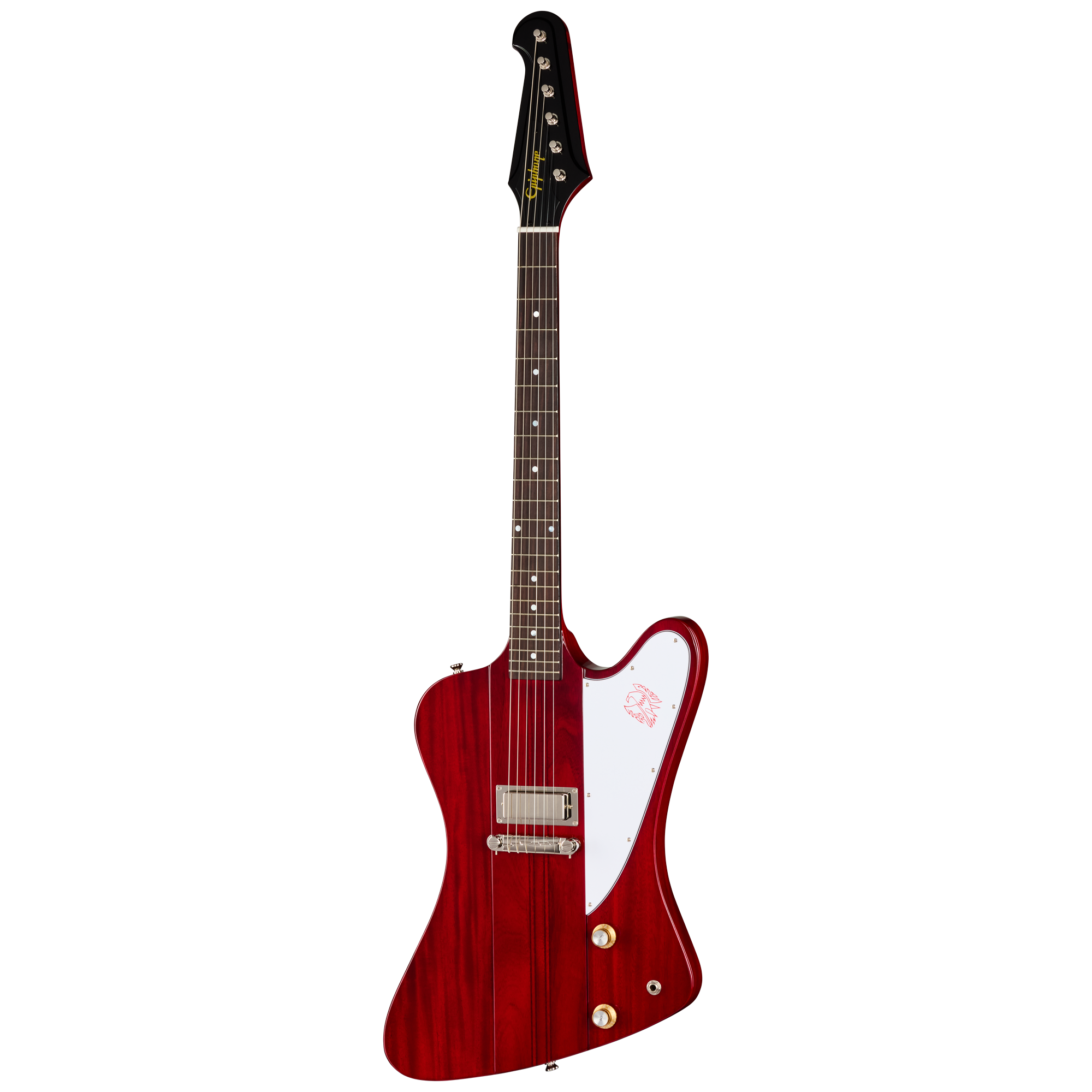 E-Gitarre, roter Holzkorpus, weißes Schlagbrett, Humbucker, sechssaitig